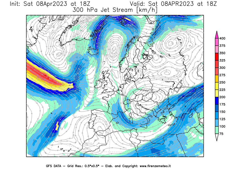 GFS analysi map - Jet Stream at 300 hPa in Europe
									on 08/04/2023 18 <!--googleoff: index-->UTC<!--googleon: index-->