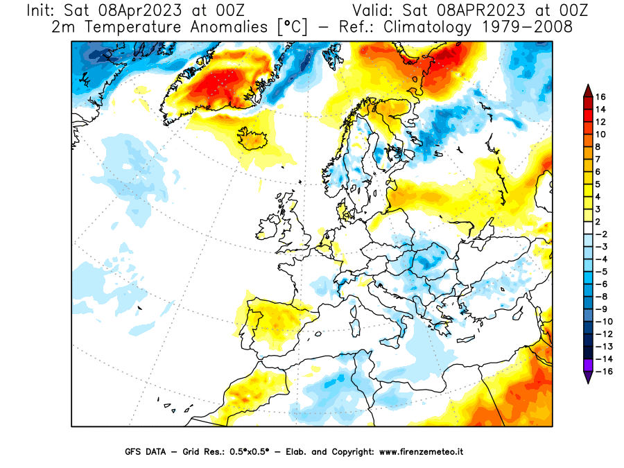 GFS analysi map - Temperature Anomalies [°C] at 2 m in Europe
									on 08/04/2023 00 <!--googleoff: index-->UTC<!--googleon: index-->