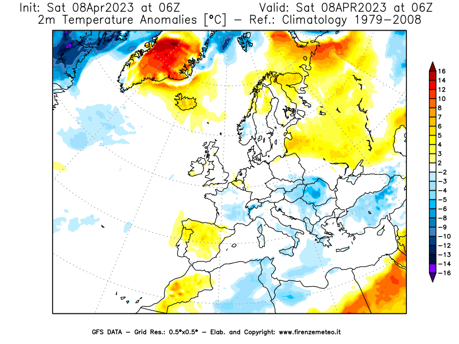 GFS analysi map - Temperature Anomalies [°C] at 2 m in Europe
									on 08/04/2023 06 <!--googleoff: index-->UTC<!--googleon: index-->