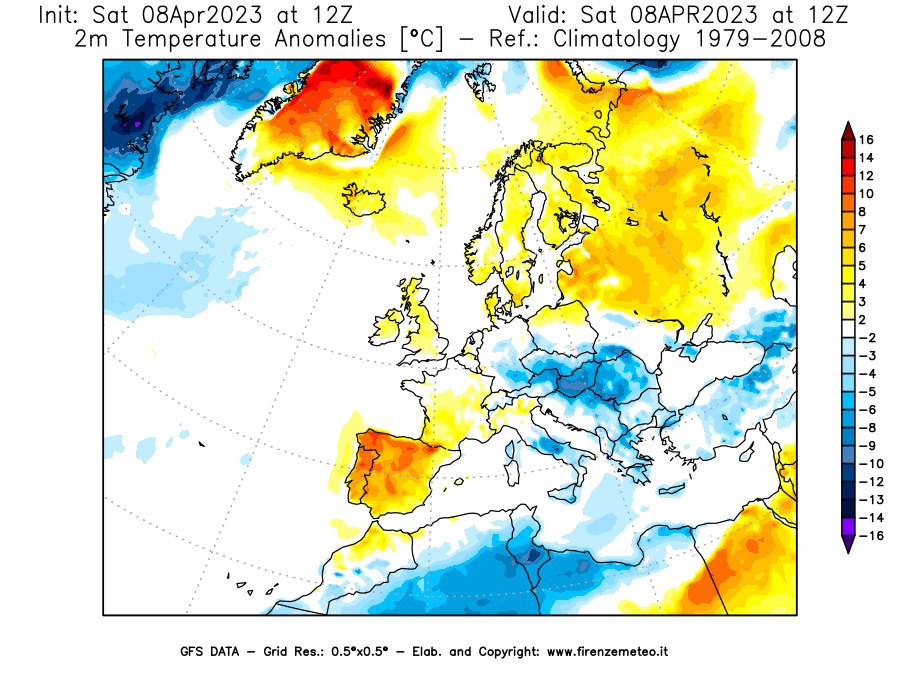 GFS analysi map - Temperature Anomalies [°C] at 2 m in Europe
									on 08/04/2023 12 <!--googleoff: index-->UTC<!--googleon: index-->
