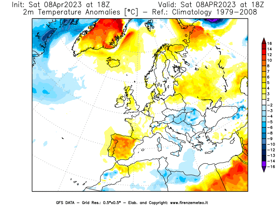 GFS analysi map - Temperature Anomalies [°C] at 2 m in Europe
									on 08/04/2023 18 <!--googleoff: index-->UTC<!--googleon: index-->