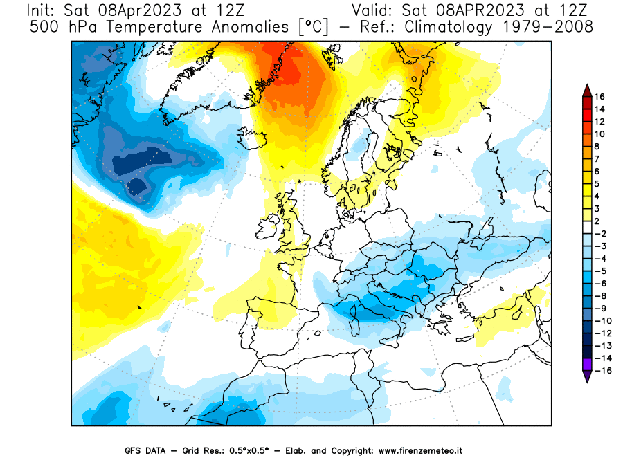 GFS analysi map - Temperature Anomalies [°C] at 500 hPa in Europe
									on 08/04/2023 12 <!--googleoff: index-->UTC<!--googleon: index-->