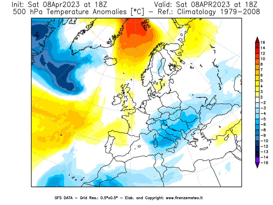 GFS analysi map - Temperature Anomalies [°C] at 500 hPa in Europe
									on 08/04/2023 18 <!--googleoff: index-->UTC<!--googleon: index-->