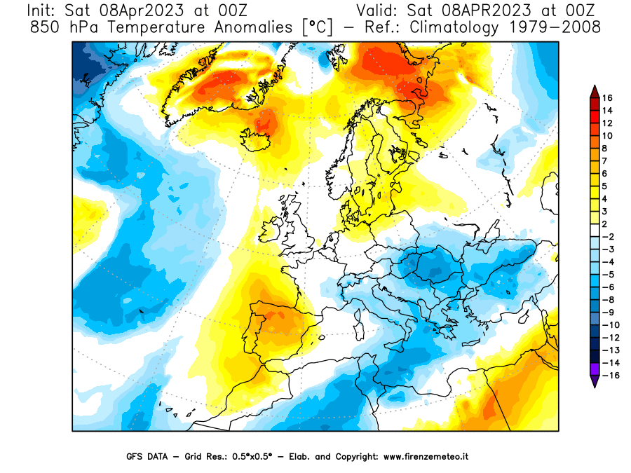 GFS analysi map - Temperature Anomalies [°C] at 850 hPa in Europe
									on 08/04/2023 00 <!--googleoff: index-->UTC<!--googleon: index-->