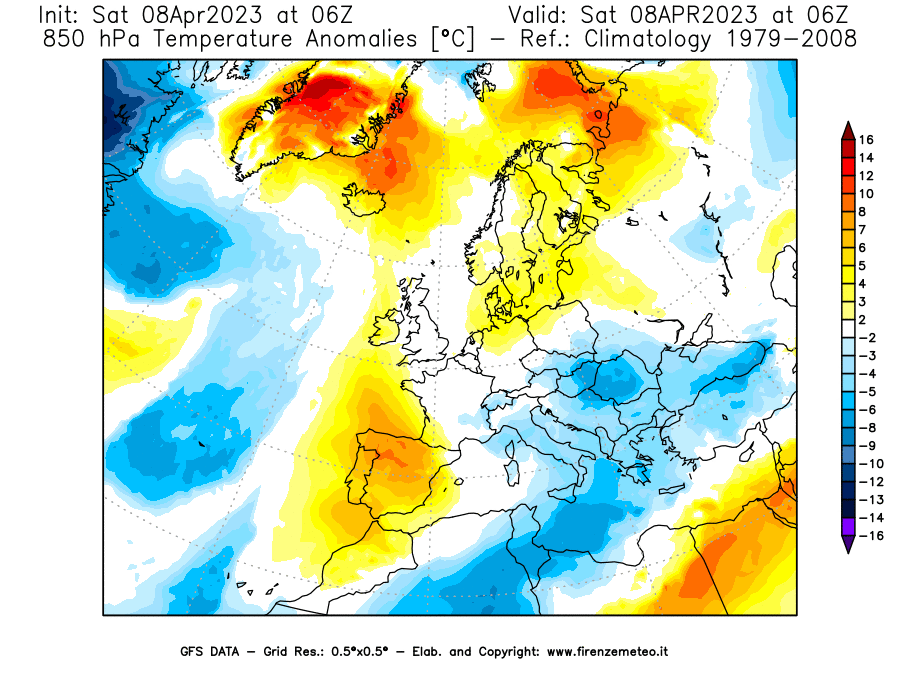 GFS analysi map - Temperature Anomalies [°C] at 850 hPa in Europe
									on 08/04/2023 06 <!--googleoff: index-->UTC<!--googleon: index-->