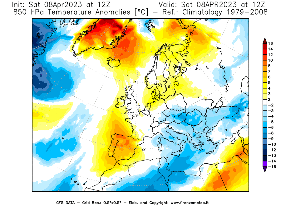 GFS analysi map - Temperature Anomalies [°C] at 850 hPa in Europe
									on 08/04/2023 12 <!--googleoff: index-->UTC<!--googleon: index-->