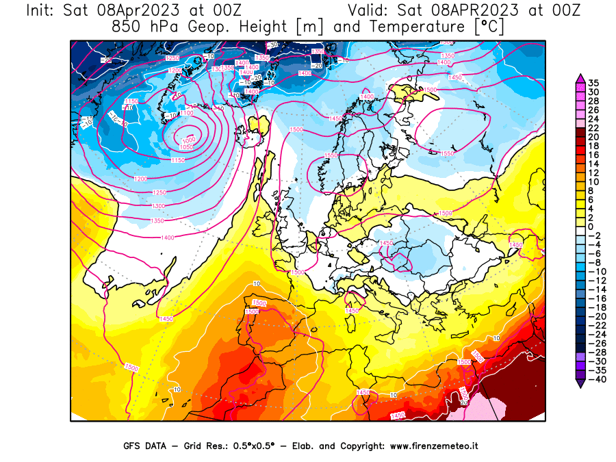 GFS analysi map - Geopotential [m] and Temperature [°C] at 850 hPa in Europe
									on 08/04/2023 00 <!--googleoff: index-->UTC<!--googleon: index-->