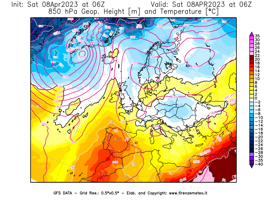 GFS analysi map - Geopotential [m] and Temperature [°C] at 850 hPa in Europe
									on 08/04/2023 06 <!--googleoff: index-->UTC<!--googleon: index-->
