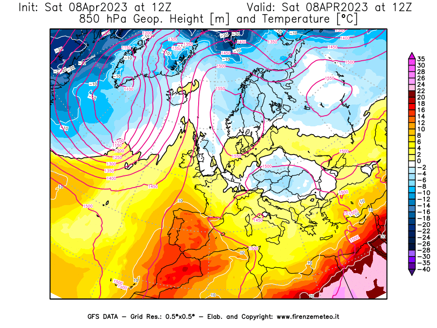 GFS analysi map - Geopotential [m] and Temperature [°C] at 850 hPa in Europe
									on 08/04/2023 12 <!--googleoff: index-->UTC<!--googleon: index-->