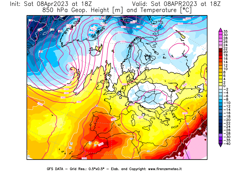 GFS analysi map - Geopotential [m] and Temperature [°C] at 850 hPa in Europe
									on 08/04/2023 18 <!--googleoff: index-->UTC<!--googleon: index-->