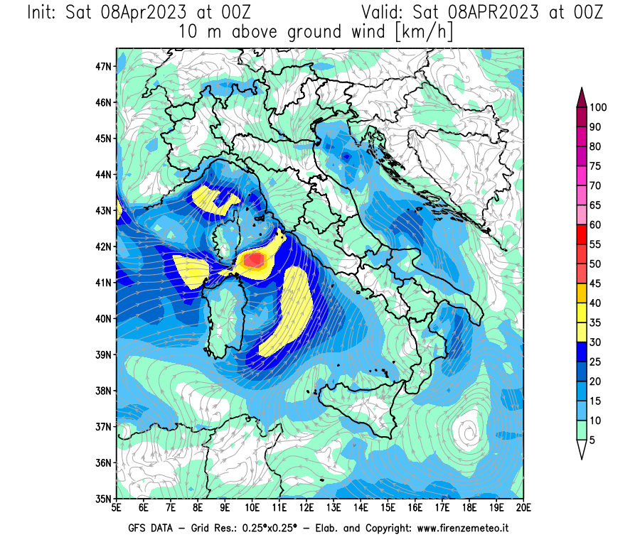 GFS analysi map - Wind Speed at 10 m above ground [km/h] in Italy
									on 08/04/2023 00 <!--googleoff: index-->UTC<!--googleon: index-->