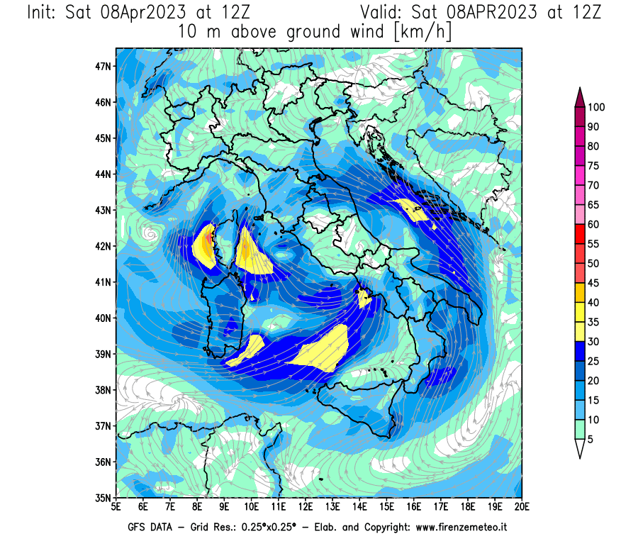 GFS analysi map - Wind Speed at 10 m above ground [km/h] in Italy
									on 08/04/2023 12 <!--googleoff: index-->UTC<!--googleon: index-->