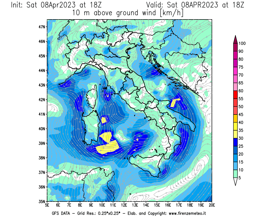 GFS analysi map - Wind Speed at 10 m above ground [km/h] in Italy
									on 08/04/2023 18 <!--googleoff: index-->UTC<!--googleon: index-->