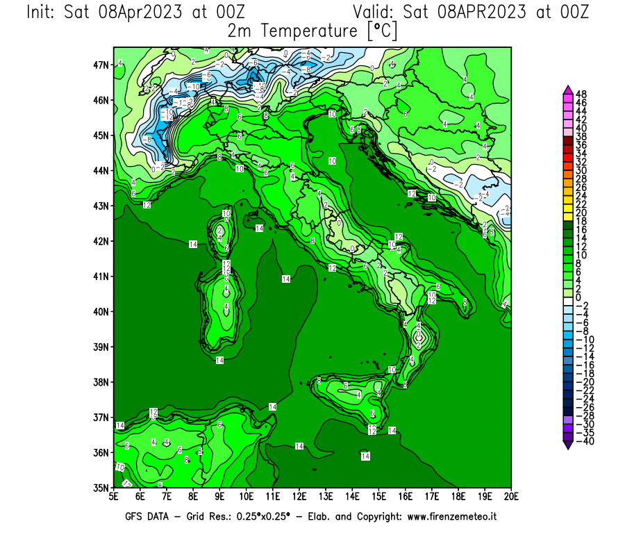 GFS analysi map - Temperature at 2 m above ground [°C] in Italy
									on 08/04/2023 00 <!--googleoff: index-->UTC<!--googleon: index-->