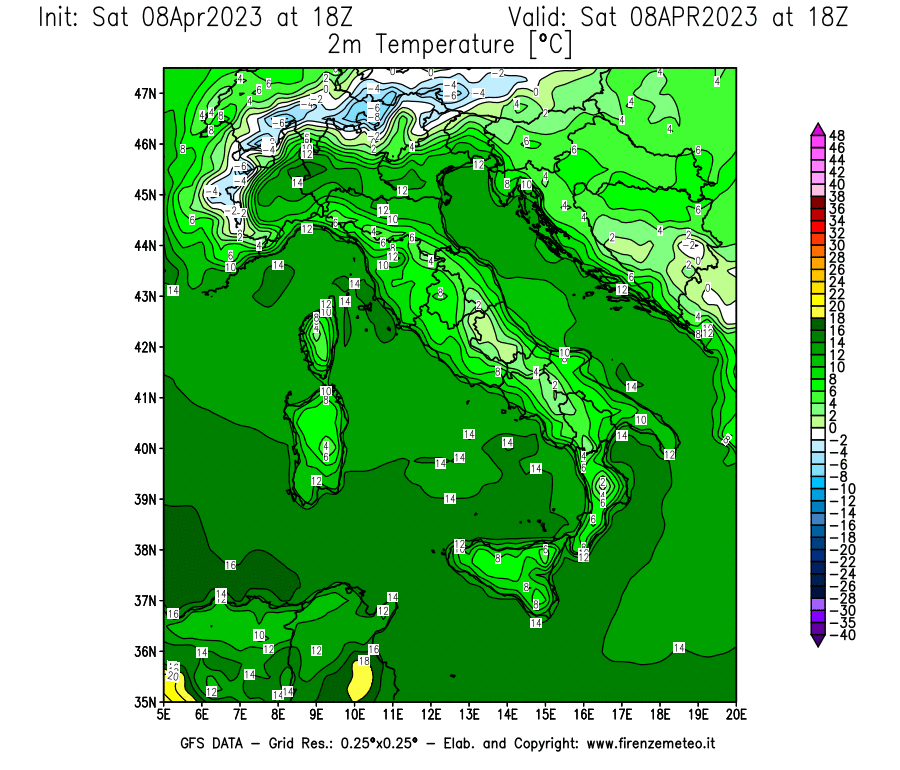 GFS analysi map - Temperature at 2 m above ground [°C] in Italy
									on 08/04/2023 18 <!--googleoff: index-->UTC<!--googleon: index-->