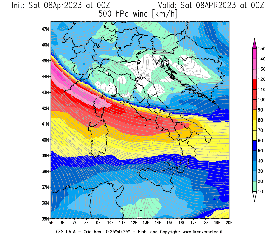 GFS analysi map - Wind Speed at 500 hPa [km/h] in Italy
									on 08/04/2023 00 <!--googleoff: index-->UTC<!--googleon: index-->