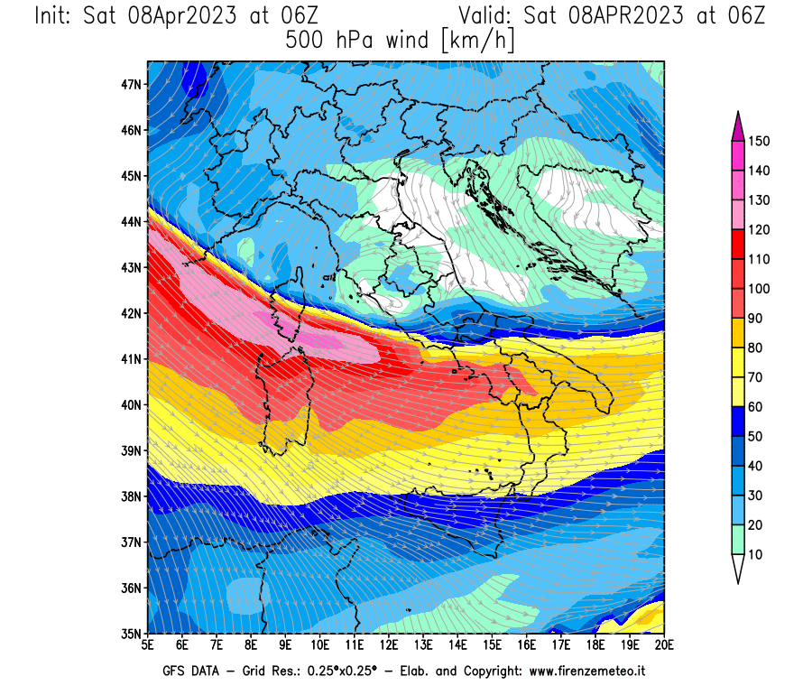 GFS analysi map - Wind Speed at 500 hPa [km/h] in Italy
									on 08/04/2023 06 <!--googleoff: index-->UTC<!--googleon: index-->
