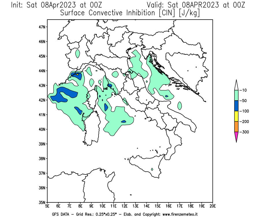 GFS analysi map - CIN [J/kg] in Italy
									on 08/04/2023 00 <!--googleoff: index-->UTC<!--googleon: index-->