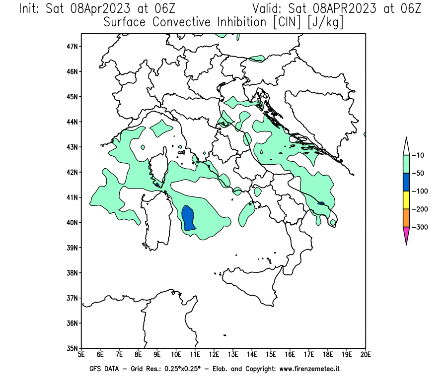 GFS analysi map - CIN [J/kg] in Italy
									on 08/04/2023 06 <!--googleoff: index-->UTC<!--googleon: index-->