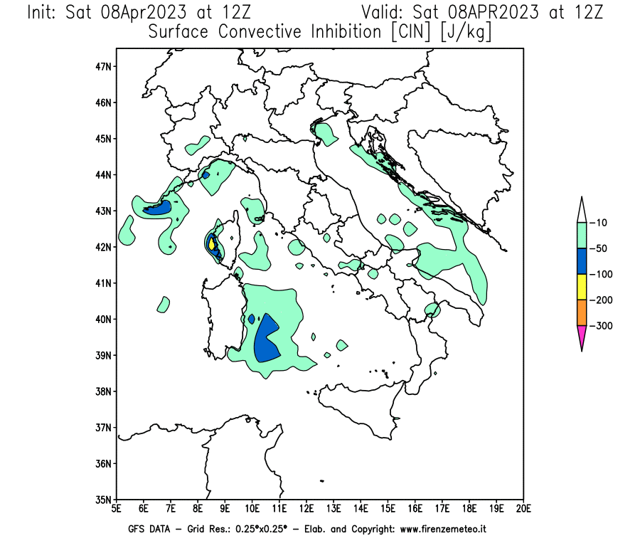GFS analysi map - CIN [J/kg] in Italy
									on 08/04/2023 12 <!--googleoff: index-->UTC<!--googleon: index-->