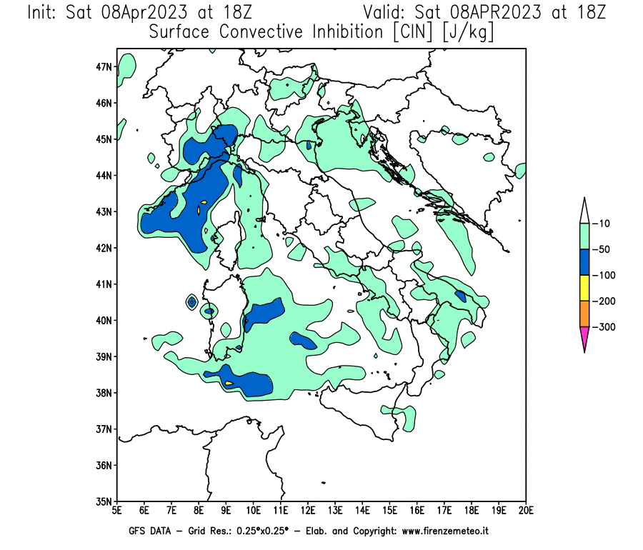 GFS analysi map - CIN [J/kg] in Italy
									on 08/04/2023 18 <!--googleoff: index-->UTC<!--googleon: index-->