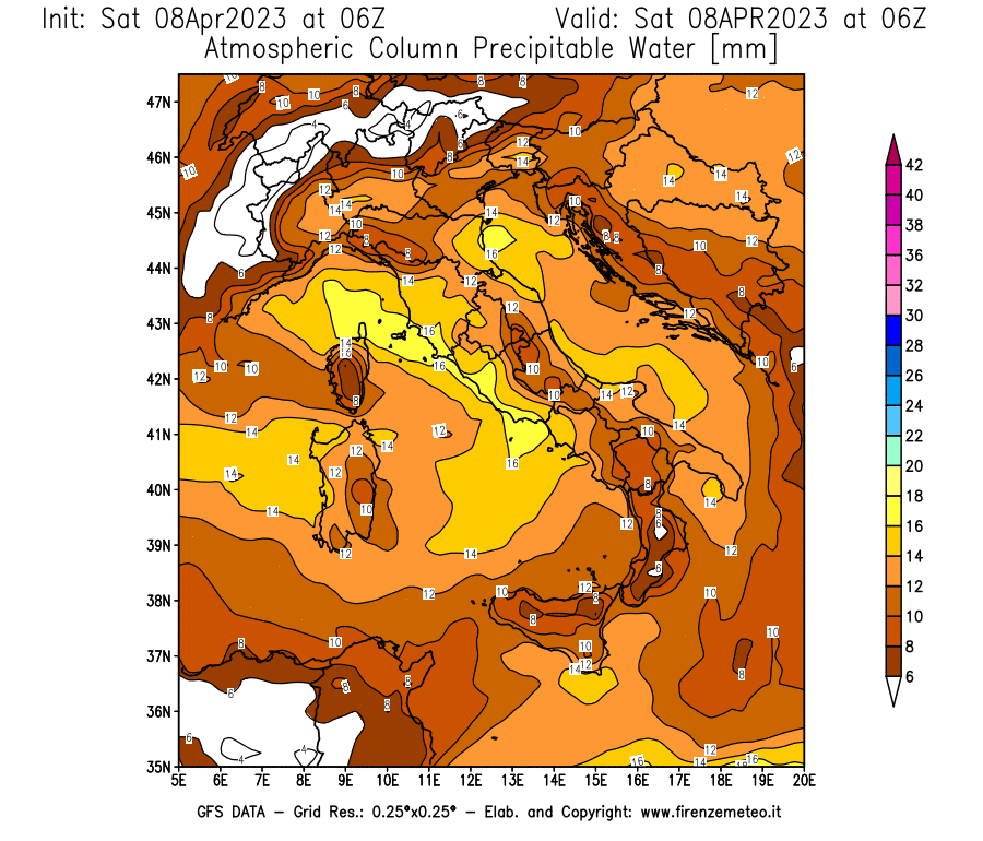 GFS analysi map - Precipitable Water [mm] in Italy
									on 08/04/2023 06 <!--googleoff: index-->UTC<!--googleon: index-->