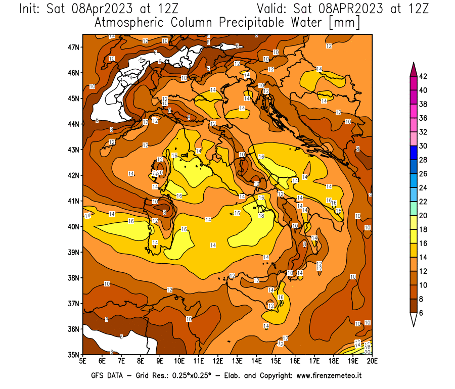 GFS analysi map - Precipitable Water [mm] in Italy
									on 08/04/2023 12 <!--googleoff: index-->UTC<!--googleon: index-->