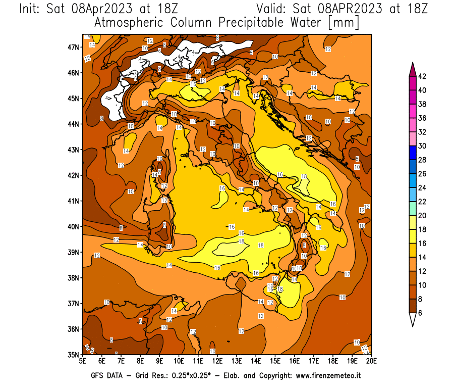 GFS analysi map - Precipitable Water [mm] in Italy
									on 08/04/2023 18 <!--googleoff: index-->UTC<!--googleon: index-->