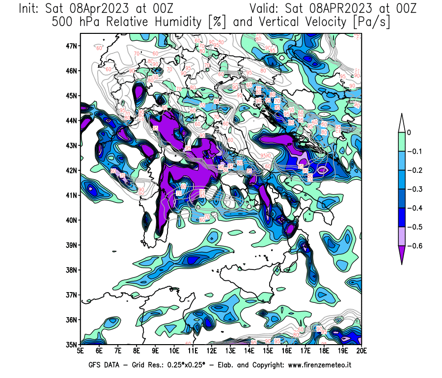 GFS analysi map - Relative Umidity [%] and Omega [Pa/s] at 500 hPa in Italy
									on 08/04/2023 00 <!--googleoff: index-->UTC<!--googleon: index-->