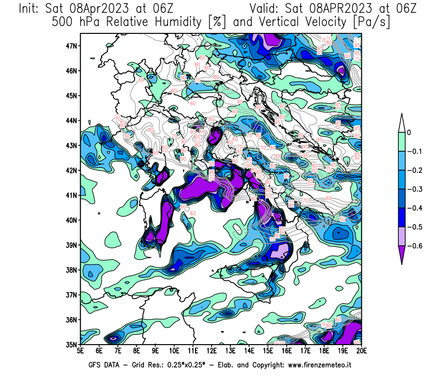 GFS analysi map - Relative Umidity [%] and Omega [Pa/s] at 500 hPa in Italy
									on 08/04/2023 06 <!--googleoff: index-->UTC<!--googleon: index-->
