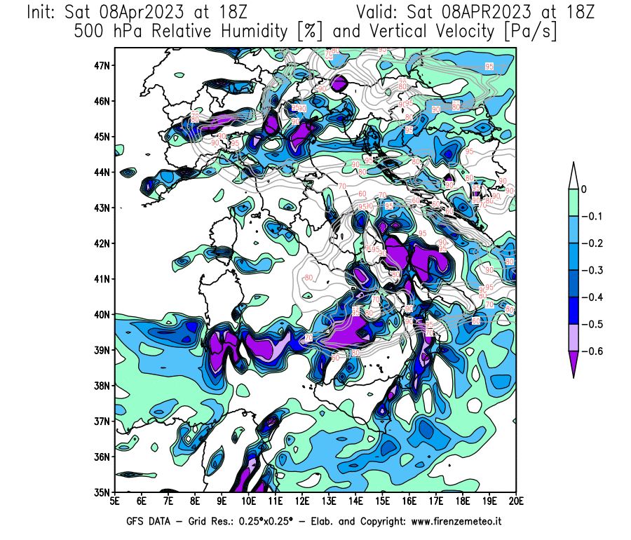 GFS analysi map - Relative Umidity [%] and Omega [Pa/s] at 500 hPa in Italy
									on 08/04/2023 18 <!--googleoff: index-->UTC<!--googleon: index-->