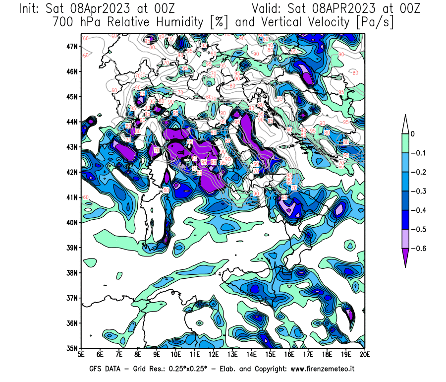 GFS analysi map - Relative Umidity [%] and Omega [Pa/s] at 700 hPa in Italy
									on 08/04/2023 00 <!--googleoff: index-->UTC<!--googleon: index-->