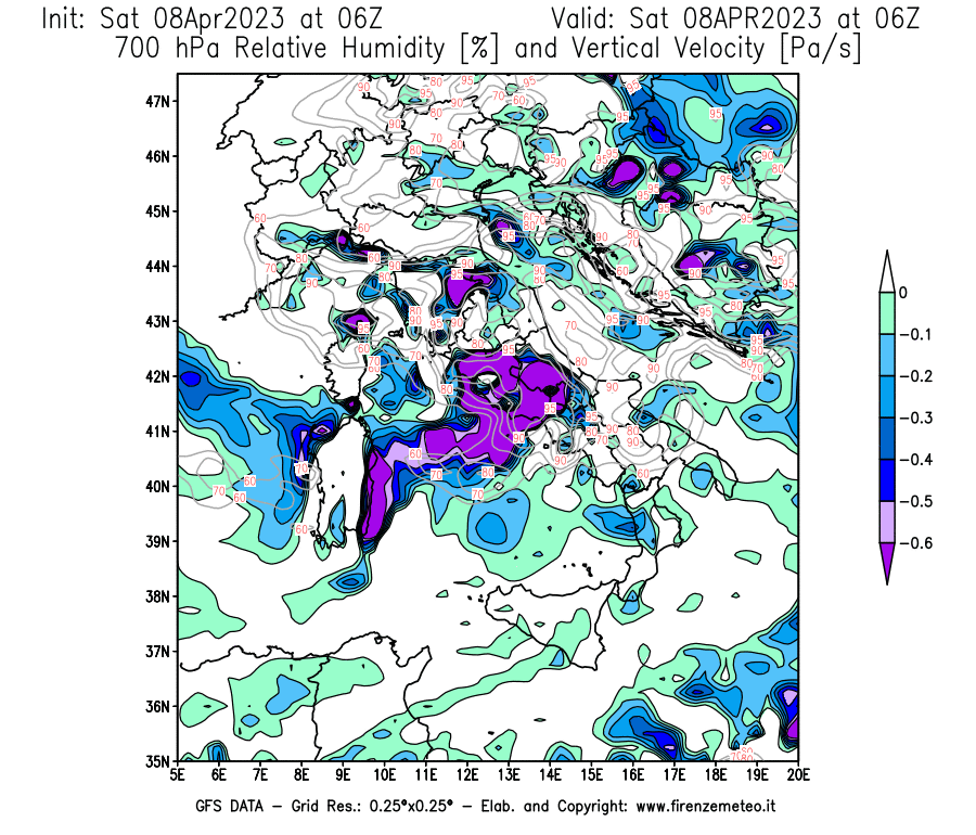 GFS analysi map - Relative Umidity [%] and Omega [Pa/s] at 700 hPa in Italy
									on 08/04/2023 06 <!--googleoff: index-->UTC<!--googleon: index-->