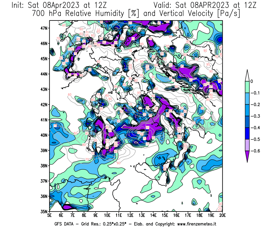 GFS analysi map - Relative Umidity [%] and Omega [Pa/s] at 700 hPa in Italy
									on 08/04/2023 12 <!--googleoff: index-->UTC<!--googleon: index-->