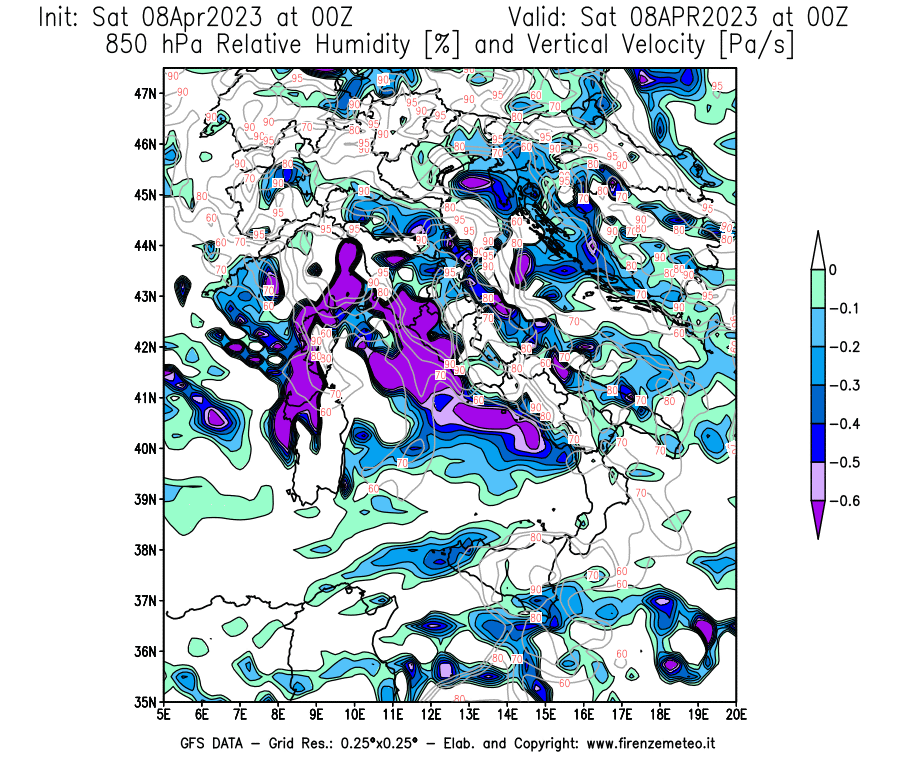 GFS analysi map - Relative Umidity [%] and Omega [Pa/s] at 850 hPa in Italy
									on 08/04/2023 00 <!--googleoff: index-->UTC<!--googleon: index-->