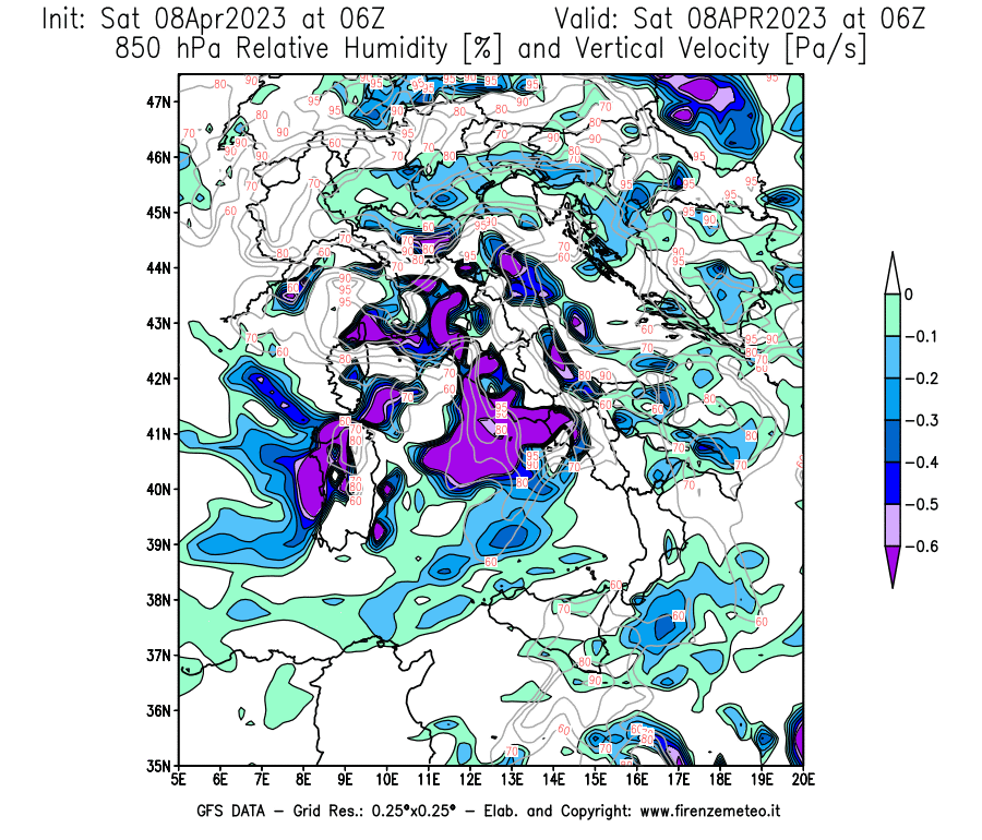 GFS analysi map - Relative Umidity [%] and Omega [Pa/s] at 850 hPa in Italy
									on 08/04/2023 06 <!--googleoff: index-->UTC<!--googleon: index-->
