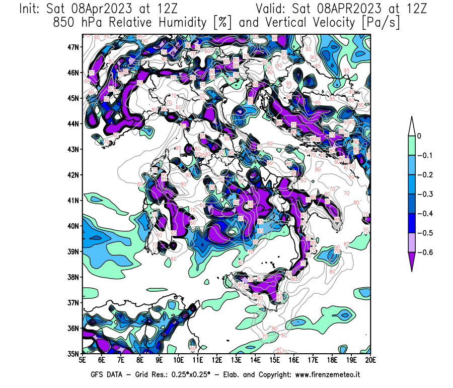 GFS analysi map - Relative Umidity [%] and Omega [Pa/s] at 850 hPa in Italy
									on 08/04/2023 12 <!--googleoff: index-->UTC<!--googleon: index-->