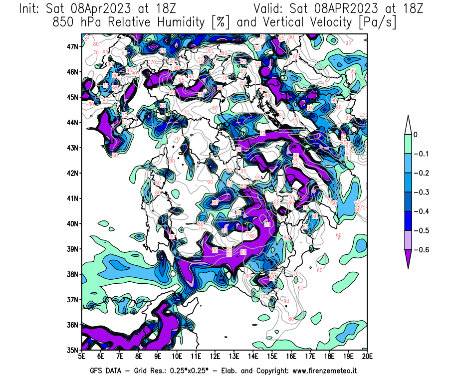 GFS analysi map - Relative Umidity [%] and Omega [Pa/s] at 850 hPa in Italy
									on 08/04/2023 18 <!--googleoff: index-->UTC<!--googleon: index-->