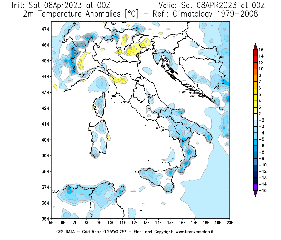 GFS analysi map - Temperature Anomalies [°C] at 2 m in Italy
									on 08/04/2023 00 <!--googleoff: index-->UTC<!--googleon: index-->