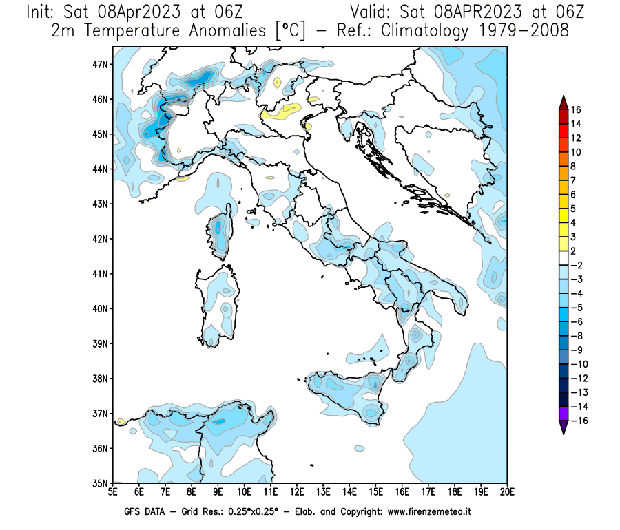 GFS analysi map - Temperature Anomalies [°C] at 2 m in Italy
									on 08/04/2023 06 <!--googleoff: index-->UTC<!--googleon: index-->