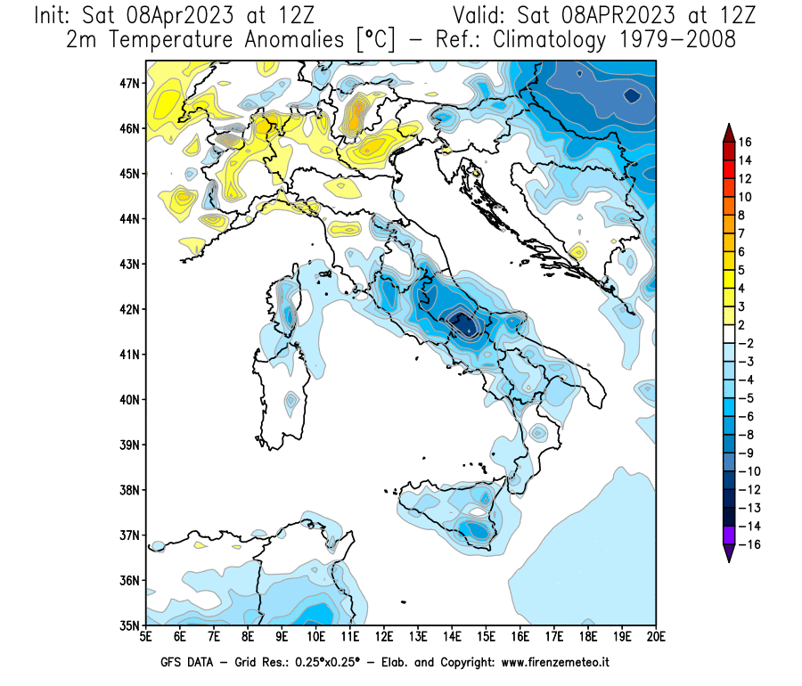 GFS analysi map - Temperature Anomalies [°C] at 2 m in Italy
									on 08/04/2023 12 <!--googleoff: index-->UTC<!--googleon: index-->