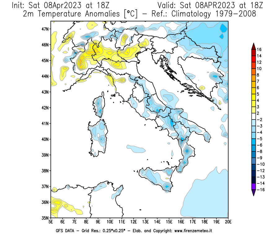GFS analysi map - Temperature Anomalies [°C] at 2 m in Italy
									on 08/04/2023 18 <!--googleoff: index-->UTC<!--googleon: index-->