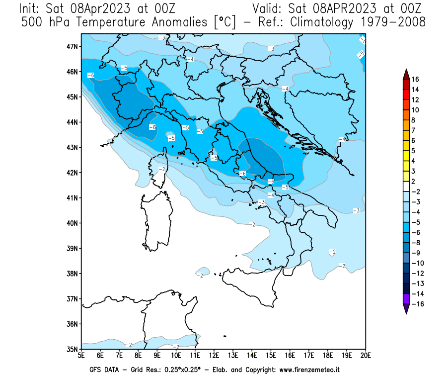 GFS analysi map - Temperature Anomalies [°C] at 500 hPa in Italy
									on 08/04/2023 00 <!--googleoff: index-->UTC<!--googleon: index-->