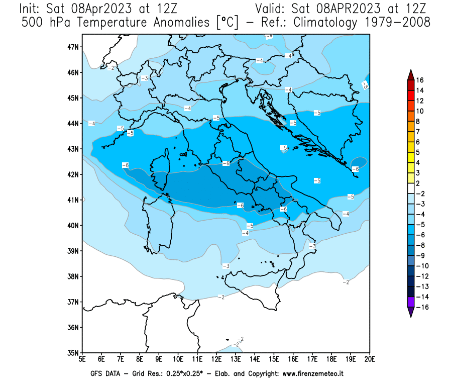 GFS analysi map - Temperature Anomalies [°C] at 500 hPa in Italy
									on 08/04/2023 12 <!--googleoff: index-->UTC<!--googleon: index-->