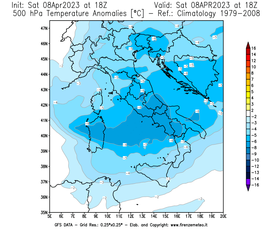 GFS analysi map - Temperature Anomalies [°C] at 500 hPa in Italy
									on 08/04/2023 18 <!--googleoff: index-->UTC<!--googleon: index-->