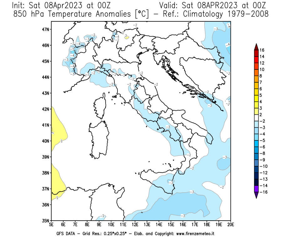 GFS analysi map - Temperature Anomalies [°C] at 850 hPa in Italy
									on 08/04/2023 00 <!--googleoff: index-->UTC<!--googleon: index-->