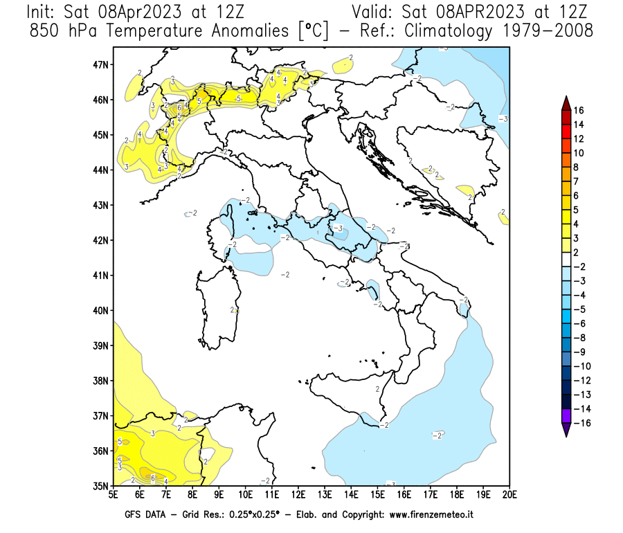 GFS analysi map - Temperature Anomalies [°C] at 850 hPa in Italy
									on 08/04/2023 12 <!--googleoff: index-->UTC<!--googleon: index-->