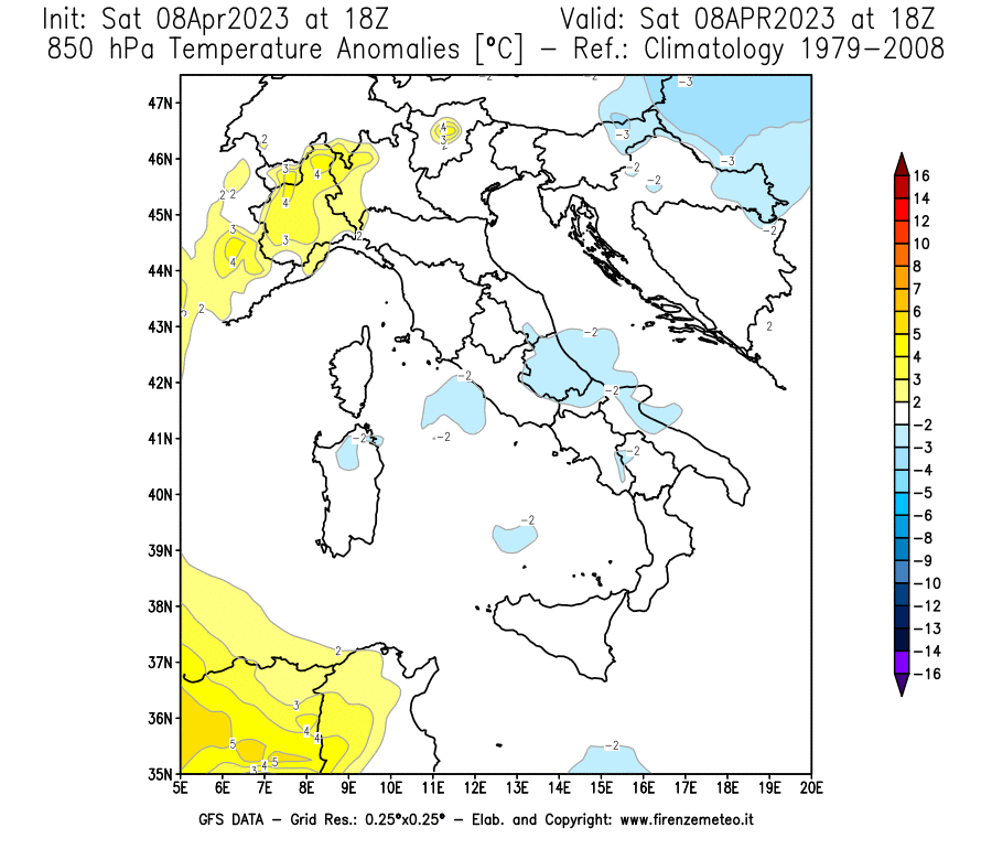 GFS analysi map - Temperature Anomalies [°C] at 850 hPa in Italy
									on 08/04/2023 18 <!--googleoff: index-->UTC<!--googleon: index-->