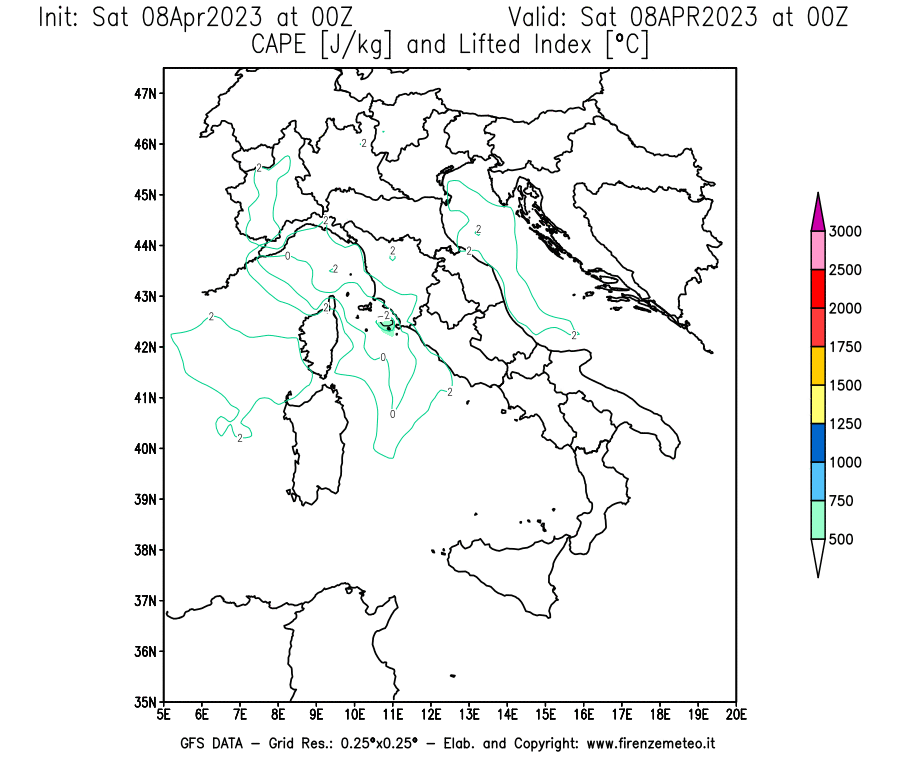 GFS analysi map - CAPE [J/kg] and Lifted Index [°C] in Italy
									on 08/04/2023 00 <!--googleoff: index-->UTC<!--googleon: index-->