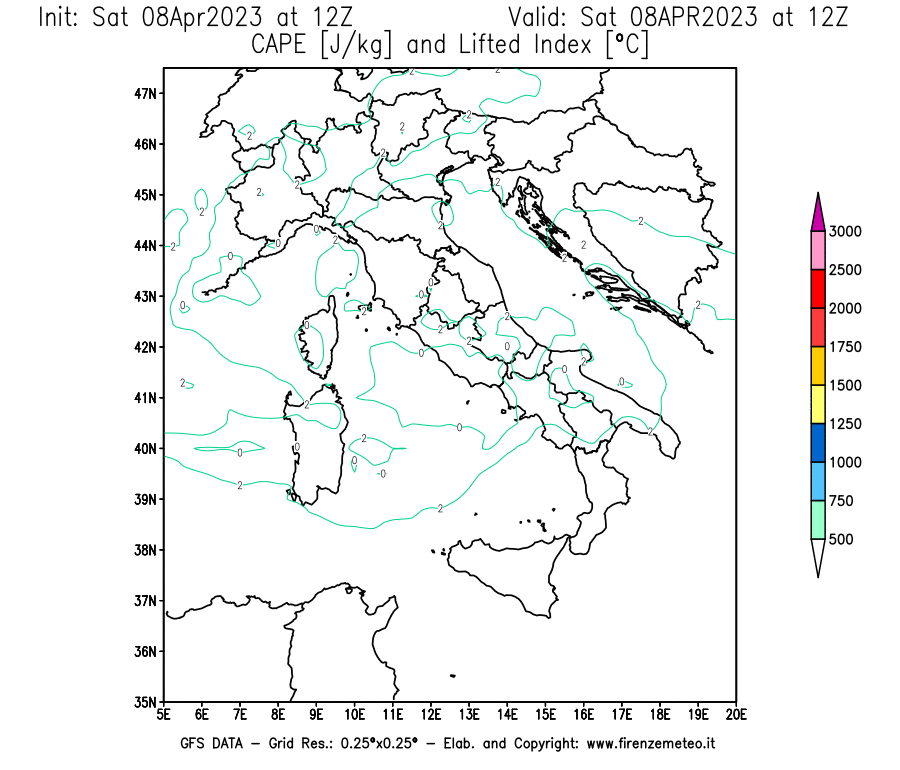 GFS analysi map - CAPE [J/kg] and Lifted Index [°C] in Italy
									on 08/04/2023 12 <!--googleoff: index-->UTC<!--googleon: index-->